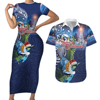 New Zealand Merry Christmas Couples Matching Short Sleeve Bodycon Dress and Hawaiian Shirt Maori Tribal Pattern with Xmas Tui Bird LT03 Multicolor - Polynesian Pride