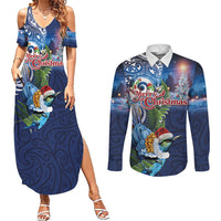 New Zealand Merry Christmas Couples Matching Summer Maxi Dress and Long Sleeve Button Shirt Maori Tribal Pattern with Xmas Tui Bird LT03 Multicolor - Polynesian Pride