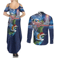 New Zealand Merry Christmas Couples Matching Summer Maxi Dress and Long Sleeve Button Shirt Maori Tribal Pattern with Xmas Tui Bird LT03 - Polynesian Pride