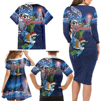New Zealand Merry Christmas Family Matching Long Sleeve Bodycon Dress and Hawaiian Shirt Maori Tribal Pattern with Xmas Tui Bird LT03 Mom's Dress Multicolor - Polynesian Pride