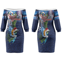 New Zealand Merry Christmas Family Matching Off The Shoulder Long Sleeve Dress and Hawaiian Shirt Maori Tribal Pattern with Xmas Tui Bird LT03 Mom's Dress Multicolor - Polynesian Pride