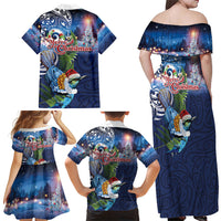 New Zealand Merry Christmas Family Matching Off Shoulder Maxi Dress and Hawaiian Shirt Maori Tribal Pattern with Xmas Tui Bird