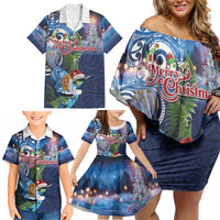 New Zealand Merry Christmas Family Matching Off Shoulder Short Dress and Hawaiian Shirt Maori Tribal Pattern with Xmas Tui Bird LT03 - Polynesian Pride
