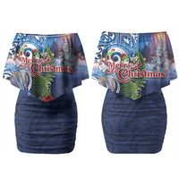 New Zealand Merry Christmas Family Matching Off Shoulder Short Dress and Hawaiian Shirt Maori Tribal Pattern with Xmas Tui Bird LT03 Mom's Dress Multicolor - Polynesian Pride