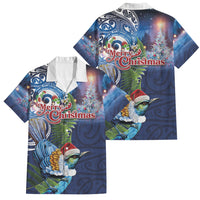 New Zealand Merry Christmas Family Matching Off Shoulder Short Dress and Hawaiian Shirt Maori Tribal Pattern with Xmas Tui Bird LT03 Dad's Shirt - Short Sleeve Multicolor - Polynesian Pride