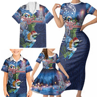 New Zealand Merry Christmas Family Matching Short Sleeve Bodycon Dress and Hawaiian Shirt Maori Tribal Pattern with Xmas Tui Bird LT03 - Polynesian Pride