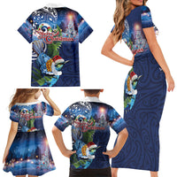 New Zealand Merry Christmas Family Matching Short Sleeve Bodycon Dress and Hawaiian Shirt Maori Tribal Pattern with Xmas Tui Bird LT03 Mom's Dress Multicolor - Polynesian Pride