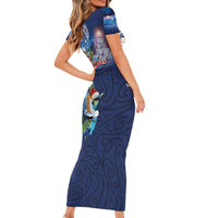 New Zealand Merry Christmas Family Matching Short Sleeve Bodycon Dress and Hawaiian Shirt Maori Tribal Pattern with Xmas Tui Bird