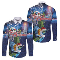 New Zealand Merry Christmas Family Matching Tank Maxi Dress and Hawaiian Shirt Maori Tribal Pattern with Xmas Tui Bird LT03 Dad's Shirt - Long Sleeve Multicolor - Polynesian Pride