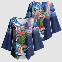 New Zealand Merry Christmas Kimono Sleeve Blouse Maori Tribal Pattern with Xmas Tui Bird