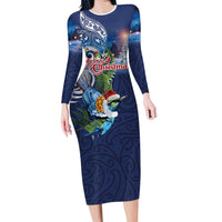 New Zealand Merry Christmas Long Sleeve Bodycon Dress Maori Tribal Pattern with Xmas Tui Bird LT03 Long Dress Multicolor - Polynesian Pride