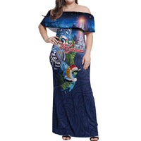 New Zealand Merry Christmas Off Shoulder Maxi Dress Maori Tribal Pattern with Xmas Tui Bird LT03 Women Multicolor - Polynesian Pride