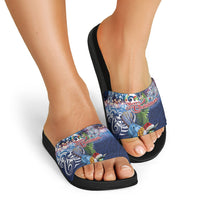 New Zealand Merry Christmas Slide Sandals Maori Tribal Pattern with Xmas Tui Bird
