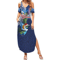 New Zealand Merry Christmas Summer Maxi Dress Maori Tribal Pattern with Xmas Tui Bird LT03 Women Multicolor - Polynesian Pride
