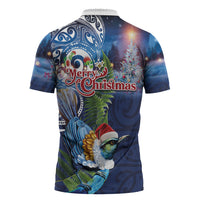 New Zealand Merry Christmas Zipper Polo Shirt Maori Tribal Pattern with Xmas Tui Bird
