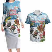 New Zealand and Australia Merry Christmas Couples Matching Long Sleeve Bodycon Dress and Hawaiian Shirt Kiwi Birds Skiing and Koala Santa Riding Kangaroo LT03 Multicolor - Polynesian Pride