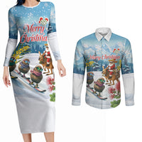 New Zealand and Australia Merry Christmas Couples Matching Long Sleeve Bodycon Dress and Long Sleeve Button Shirt Kiwi Birds Skiing and Koala Santa Riding Kangaroo LT03 Multicolor - Polynesian Pride