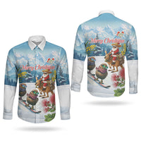 New Zealand and Australia Merry Christmas Couples Matching Long Sleeve Bodycon Dress and Long Sleeve Button Shirt Kiwi Birds Skiing and Koala Santa Riding Kangaroo LT03 - Polynesian Pride