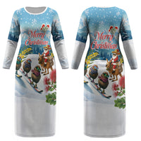 New Zealand and Australia Merry Christmas Couples Matching Long Sleeve Bodycon Dress and Long Sleeve Button Shirt Kiwi Birds Skiing and Koala Santa Riding Kangaroo LT03 - Polynesian Pride