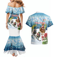 New Zealand and Australia Merry Christmas Couples Matching Mermaid Dress and Hawaiian Shirt Kiwi Birds Skiing and Koala Santa Riding Kangaroo LT03 - Polynesian Pride