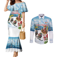 New Zealand and Australia Merry Christmas Couples Matching Mermaid Dress and Long Sleeve Button Shirt Kiwi Birds Skiing and Koala Santa Riding Kangaroo LT03 Multicolor - Polynesian Pride