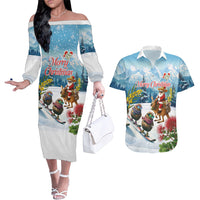 New Zealand and Australia Merry Christmas Couples Matching Off The Shoulder Long Sleeve Dress and Hawaiian Shirt Kiwi Birds Skiing and Koala Santa Riding Kangaroo LT03 Multicolor - Polynesian Pride