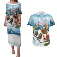 New Zealand and Australia Merry Christmas Couples Matching Puletasi and Hawaiian Shirt Kiwi Birds Skiing and Koala Santa Riding Kangaroo LT03 Multicolor - Polynesian Pride