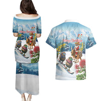 New Zealand and Australia Merry Christmas Couples Matching Puletasi and Hawaiian Shirt Kiwi Birds Skiing and Koala Santa Riding Kangaroo LT03 - Polynesian Pride