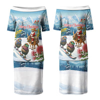 New Zealand and Australia Merry Christmas Couples Matching Puletasi and Hawaiian Shirt Kiwi Birds Skiing and Koala Santa Riding Kangaroo LT03 - Polynesian Pride