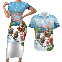 New Zealand and Australia Merry Christmas Couples Matching Short Sleeve Bodycon Dress and Hawaiian Shirt Kiwi Birds Skiing and Koala Santa Riding Kangaroo LT03 Multicolor - Polynesian Pride