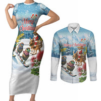 New Zealand and Australia Merry Christmas Couples Matching Short Sleeve Bodycon Dress and Long Sleeve Button Shirt Kiwi Birds Skiing and Koala Santa Riding Kangaroo LT03 Multicolor - Polynesian Pride