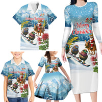 New Zealand and Australia Merry Christmas Family Matching Long Sleeve Bodycon Dress and Hawaiian Shirt Kiwi Birds Skiing and Koala Santa Riding Kangaroo LT03 - Polynesian Pride