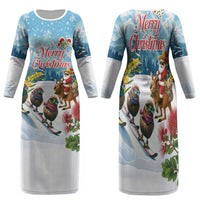New Zealand and Australia Merry Christmas Family Matching Long Sleeve Bodycon Dress and Hawaiian Shirt Kiwi Birds Skiing and Koala Santa Riding Kangaroo LT03 Mom's Dress Multicolor - Polynesian Pride