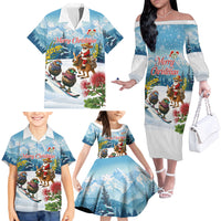 New Zealand and Australia Merry Christmas Family Matching Off The Shoulder Long Sleeve Dress and Hawaiian Shirt Kiwi Birds Skiing and Koala Santa Riding Kangaroo LT03 - Polynesian Pride