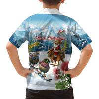 New Zealand and Australia Merry Christmas Family Matching Summer Maxi Dress and Hawaiian Shirt Kiwi Birds Skiing and Koala Santa Riding Kangaroo
