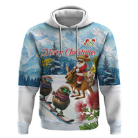 New Zealand and Australia Merry Christmas Hoodie Kiwi Birds Skiing and Koala Santa Riding Kangaroo LT03 Pullover Hoodie Multicolor - Polynesian Pride