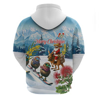 New Zealand and Australia Merry Christmas Hoodie Kiwi Birds Skiing and Koala Santa Riding Kangaroo LT03 - Polynesian Pride