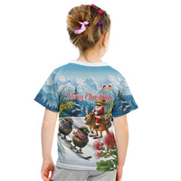 New Zealand and Australia Merry Christmas Kid T Shirt Kiwi Birds Skiing and Koala Santa Riding Kangaroo LT03 - Polynesian Pride
