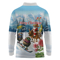New Zealand and Australia Merry Christmas Long Sleeve Polo Shirt Kiwi Birds Skiing and Koala Santa Riding Kangaroo