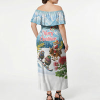 New Zealand and Australia Merry Christmas Off Shoulder Maxi Dress Kiwi Birds Skiing and Koala Santa Riding Kangaroo LT03 - Polynesian Pride
