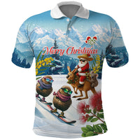 New Zealand and Australia Merry Christmas Polo Shirt Kiwi Birds Skiing and Koala Santa Riding Kangaroo