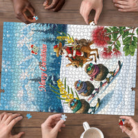 New Zealand and Australia Merry Christmas Puzzle Kiwi Birds Skiing and Koala Santa Riding Kangaroo