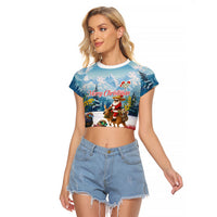 New Zealand and Australia Merry Christmas Raglan Cropped T Shirt Kiwi Birds Skiing and Koala Santa Riding Kangaroo