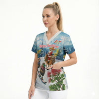 New Zealand and Australia Merry Christmas Scrub Top Kiwi Birds Skiing and Koala Santa Riding Kangaroo