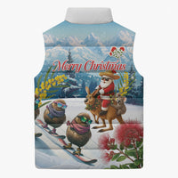 New Zealand and Australia Merry Christmas Sleeveless Puffer Jacket Kiwi Birds Skiing and Koala Santa Riding Kangaroo