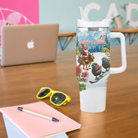 New Zealand and Australia Merry Christmas Tumbler With Handle Kiwi Birds Skiing and Koala Santa Riding Kangaroo