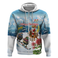 New Zealand and Australia Merry Christmas Zip Hoodie Kiwi Birds Skiing and Koala Santa Riding Kangaroo LT03 Zip Hoodie Multicolor - Polynesian Pride