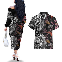 Hawaiian and Japanese Together Couples Matching Off The Shoulder Long Sleeve Dress and Hawaiian Shirt Polynesian Triball Tattoo Koi Carps and Sakura