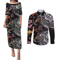 Hawaiian and Japanese Together Couples Matching Puletasi and Long Sleeve Button Shirt Polynesian Triball Tattoo Koi Carps and Sakura