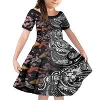 Hawaiian and Japanese Together Family Matching Puletasi and Hawaiian Shirt Polynesian Triball Tattoo Koi Carps and Sakura